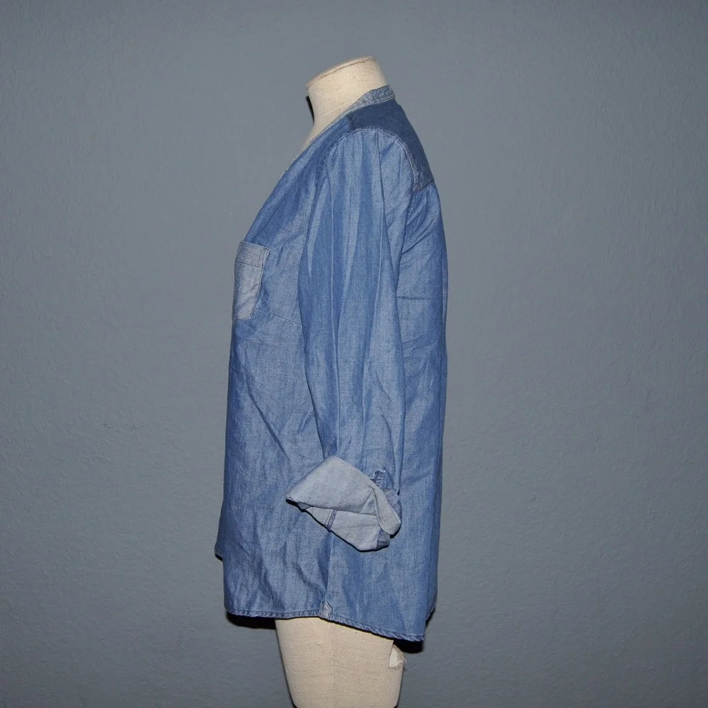 GAP Blue Mixed Chambray Split-Neck Popover Tunic Top sz M NEW Women's Blouse - Picture 5 of 8